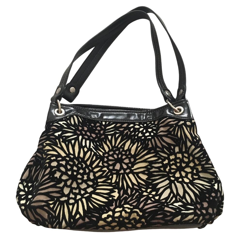 Relic Purse Black Leather and Velvet Outlines Floral Green Tan Purple Hand Bag - Picture 2 of 11